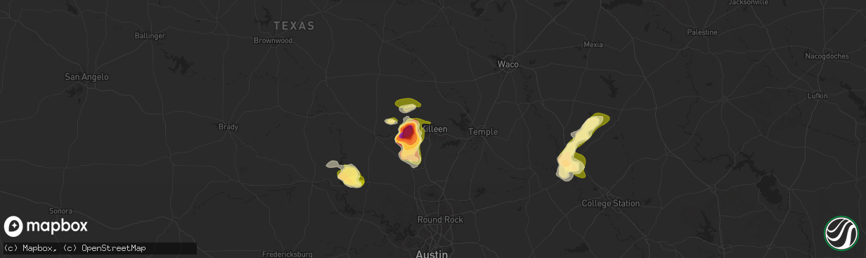 Hail map in Killeen, TX on May 1, 2025