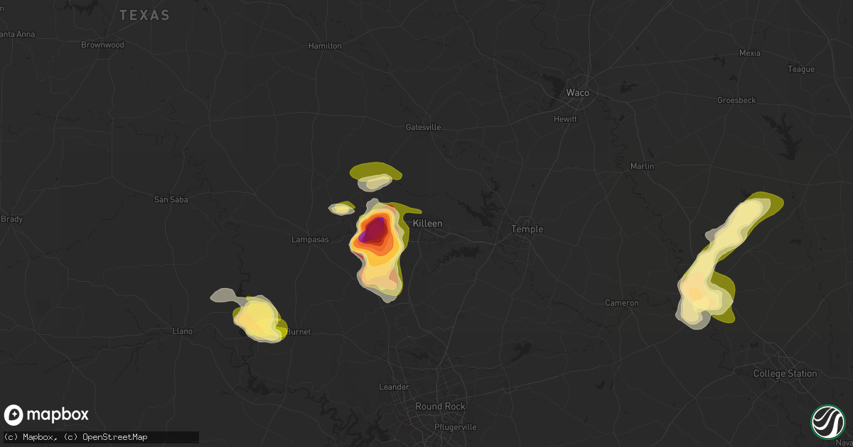 Hail map in Killeen, TX on May 1, 2025