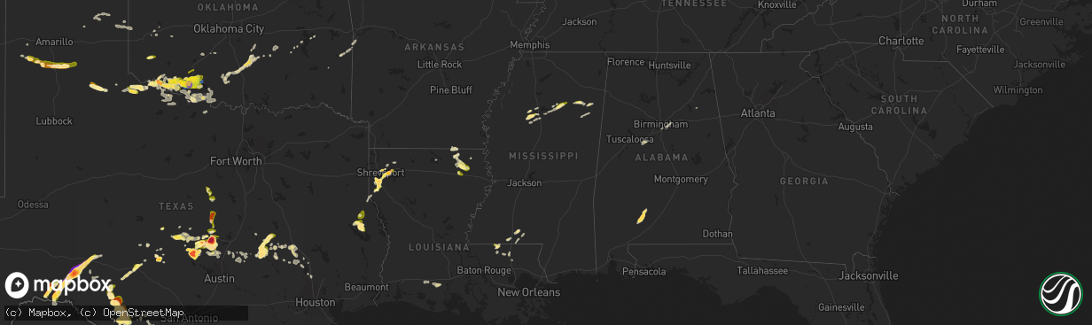 Hail map in Mississippi on May 1, 2025