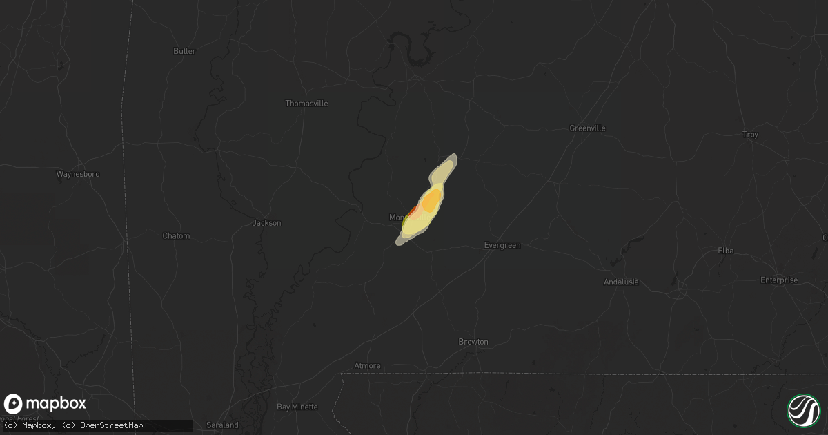 Hail map in Monroeville, AL on May 1, 2025