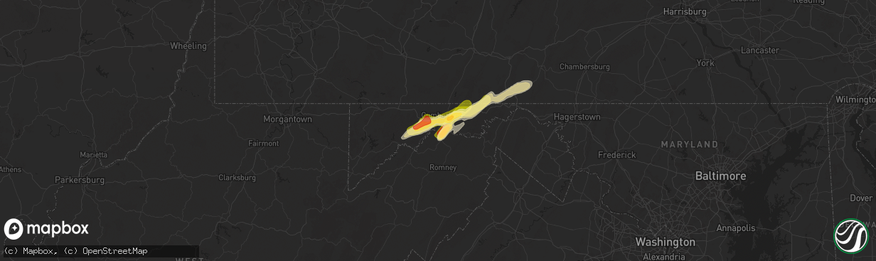 Hail map in Ridgeley, WV on May 1, 2025