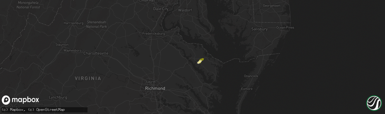 Hail map in Warsaw, VA on May 1, 2025