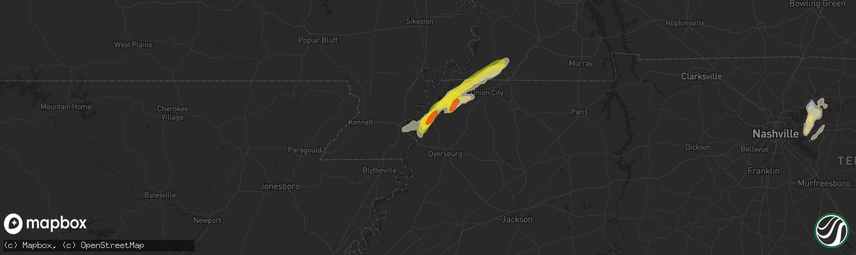 Hail map in Ridgely, TN on May 2, 2019