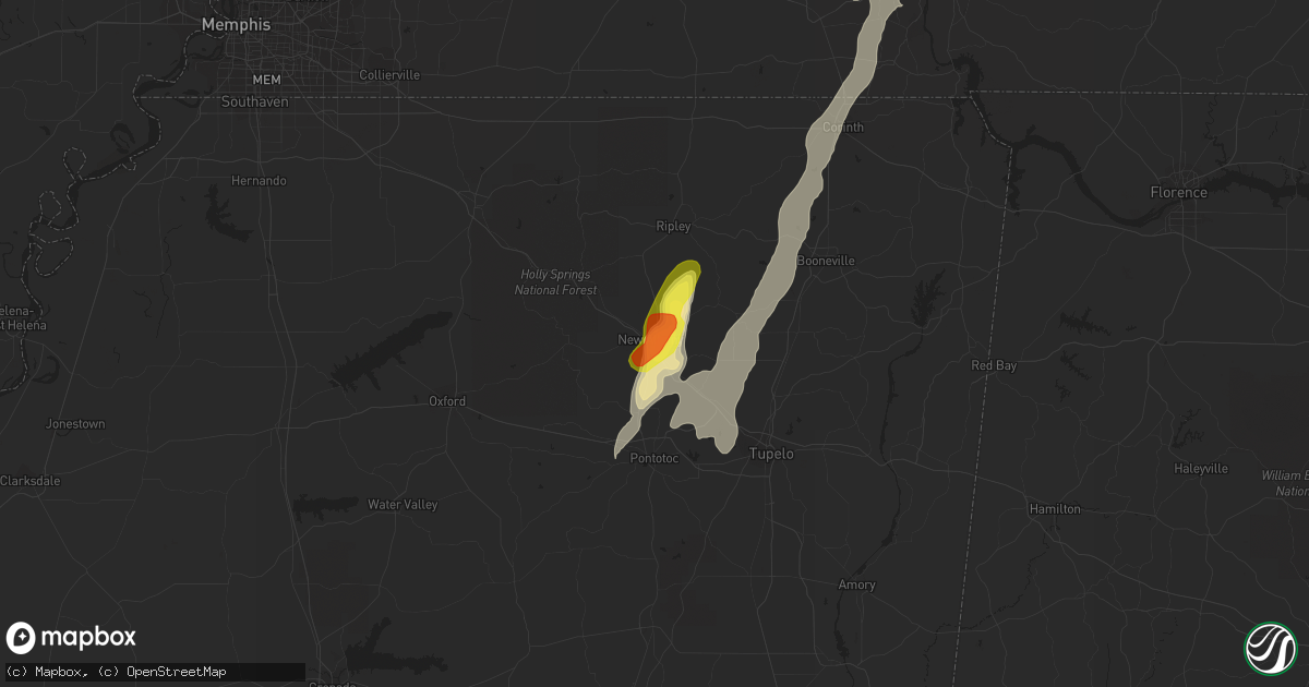 Hail map in New Albany, MS on May 2, 2022