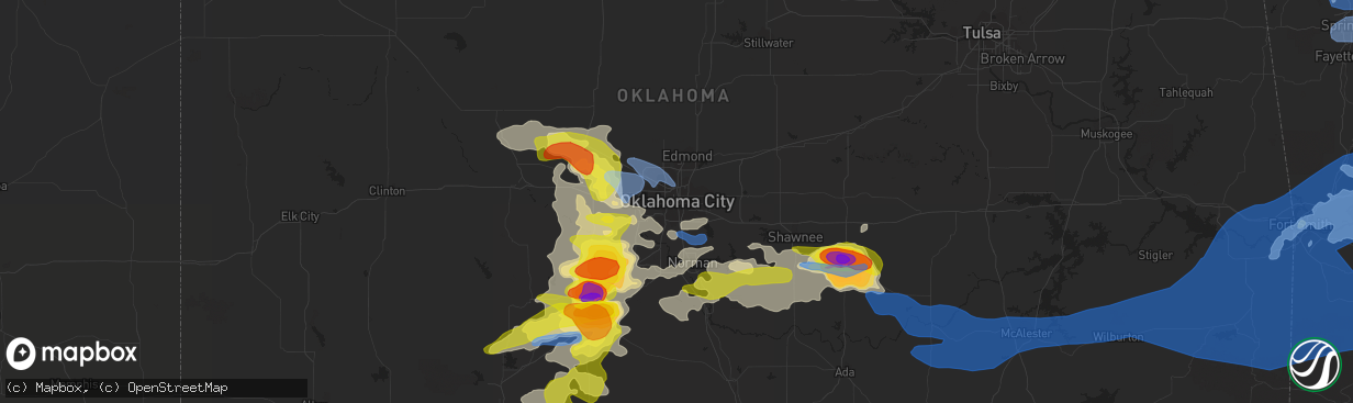 Hail map in Oklahoma City, OK on May 2, 2022