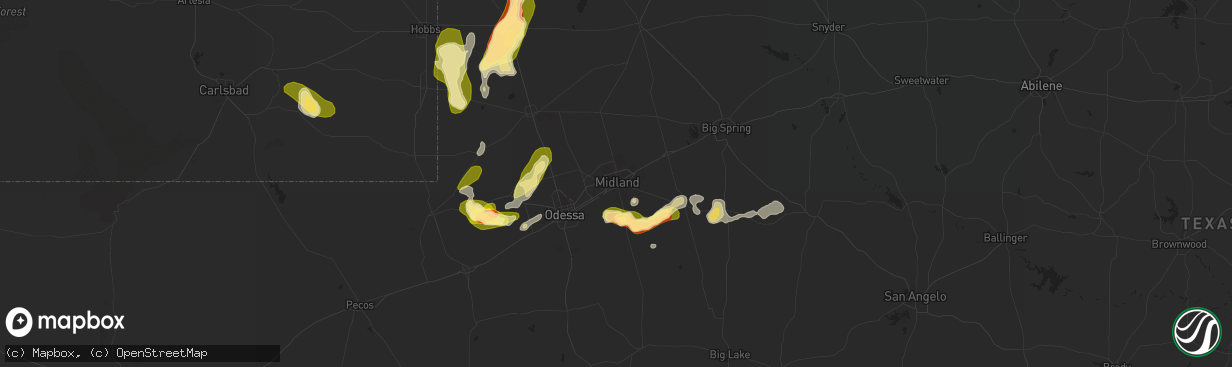 Hail map in Midland, TX on May 2, 2023