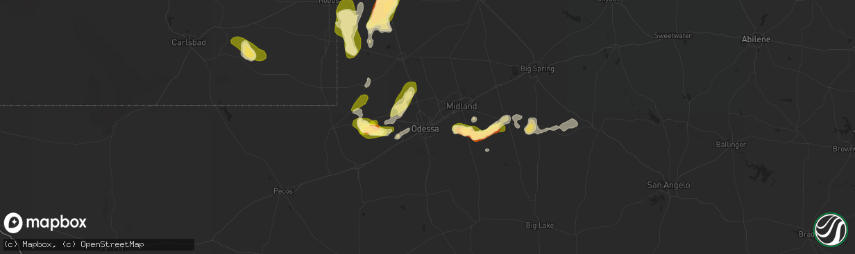 Hail map in Odessa, TX on May 2, 2023