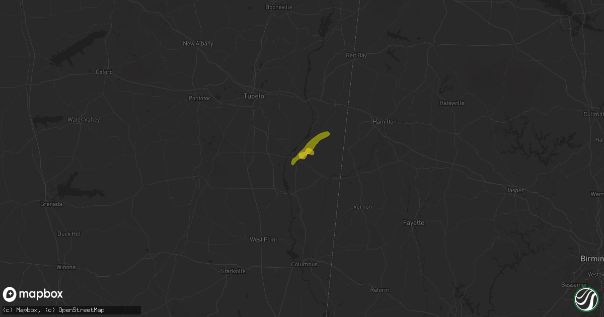 Hail map in Amory, MS on May 2, 2025