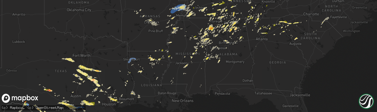 Hail map in Mississippi on May 2, 2025