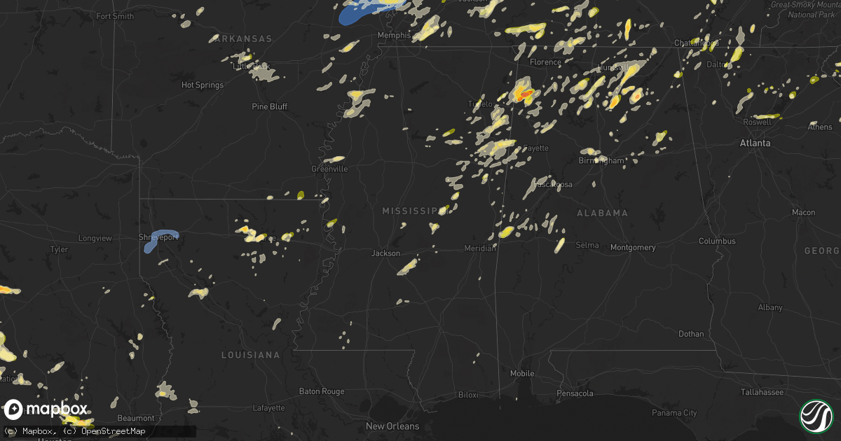 Hail map in Mississippi on May 2, 2025