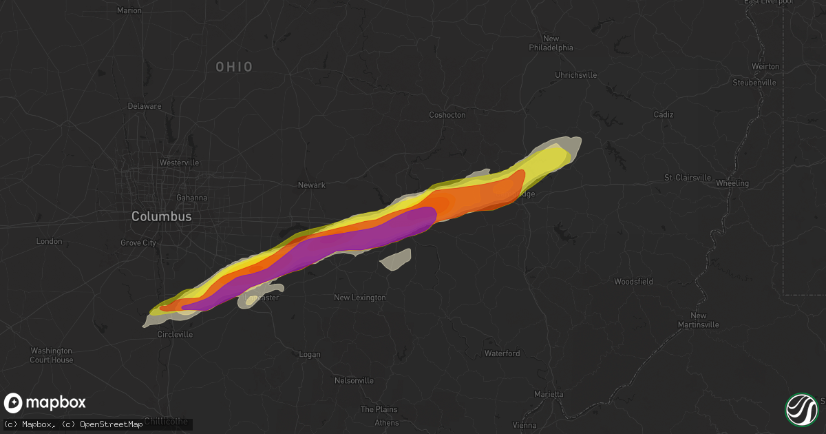 Hail map in Zanesville, OH on May 3, 2022
