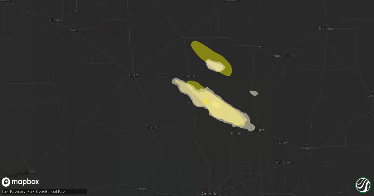 Hail map in Dumas, TX on May 3, 2023