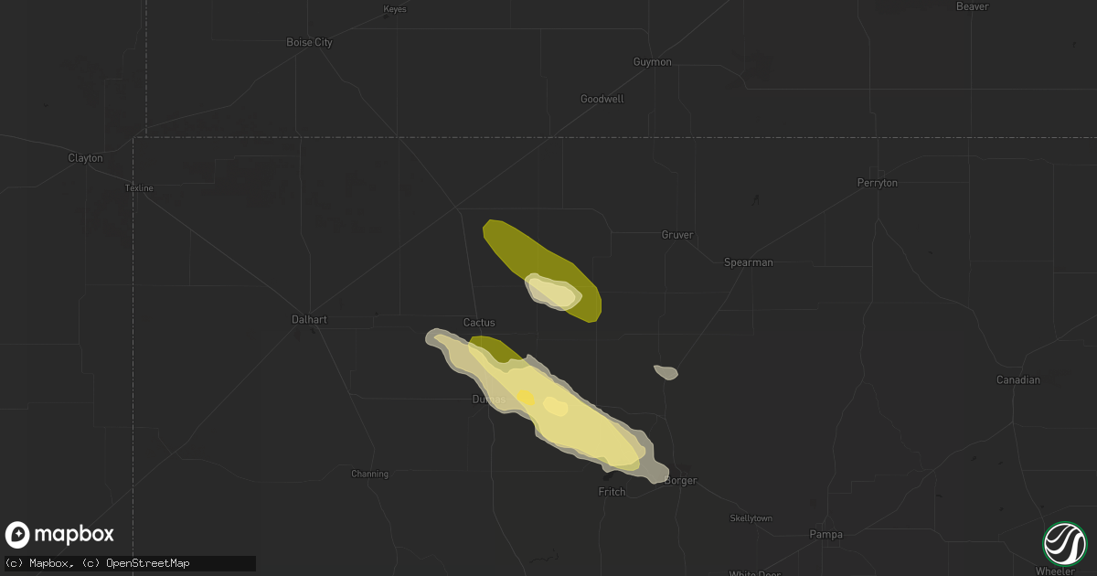 Hail map in Sunray, TX on May 3, 2023