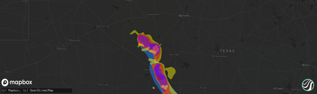 Hail map in Bronte, TX on May 3, 2024