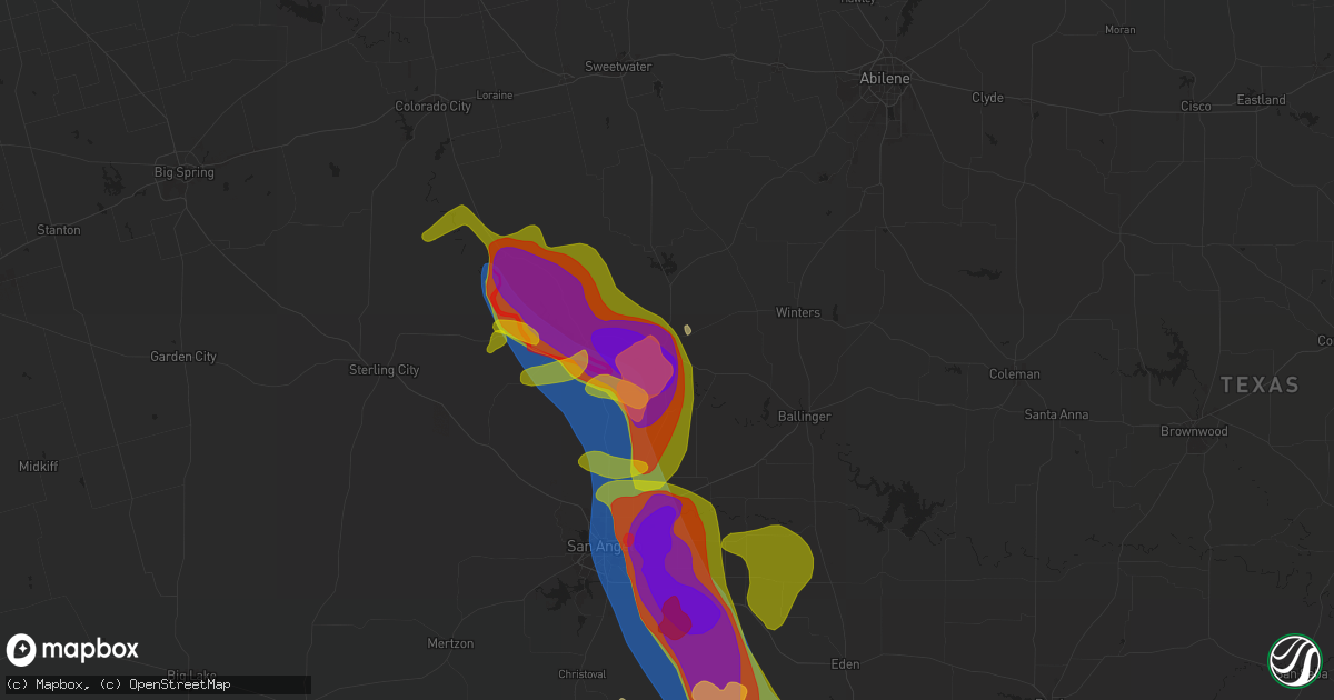 Hail map in Bronte, TX on May 3, 2024