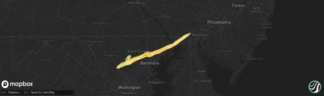 Hail map in Bel Air, MD on May 3, 2025