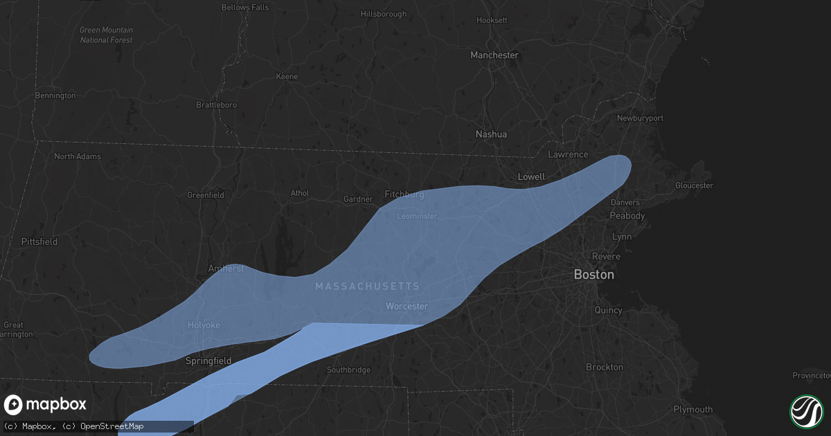 Hail map in Leominster, MA on May 3, 2025