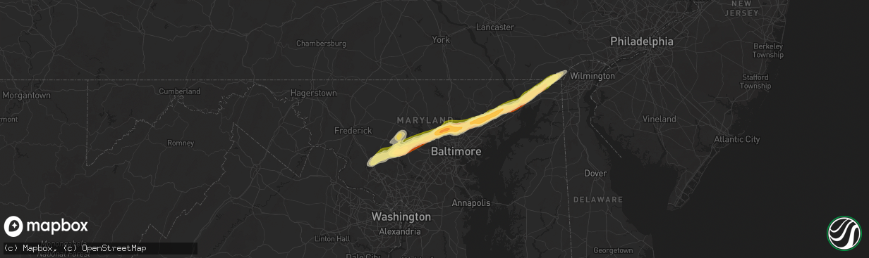 Hail map in Owings Mills, MD on May 3, 2025