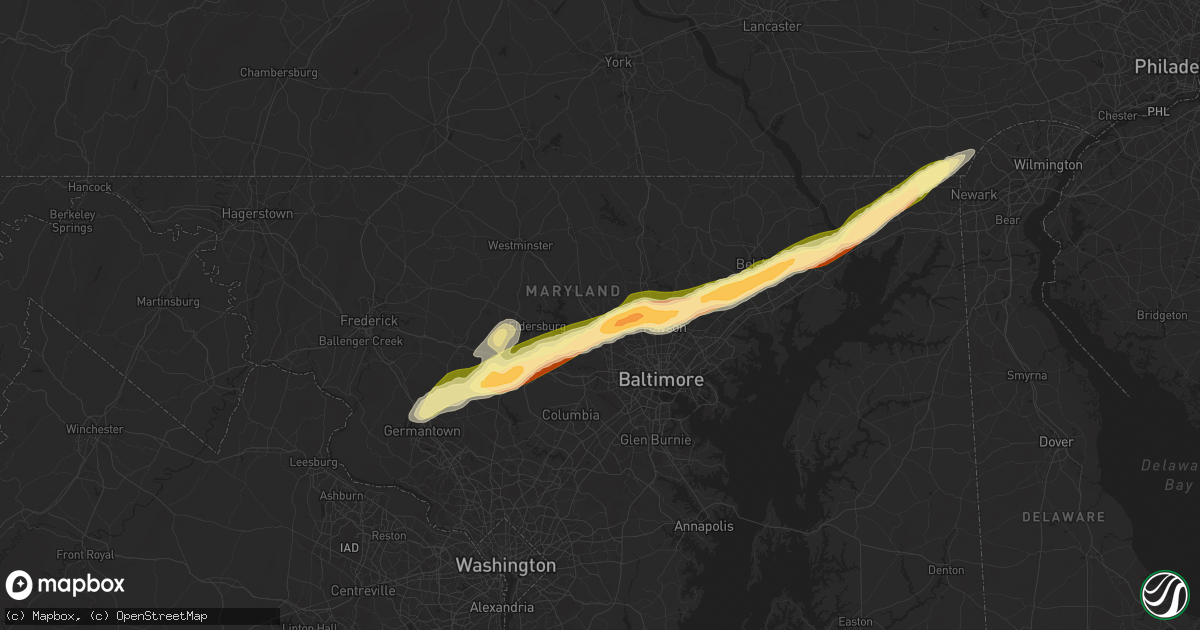 Hail map in Owings Mills, MD on May 3, 2025