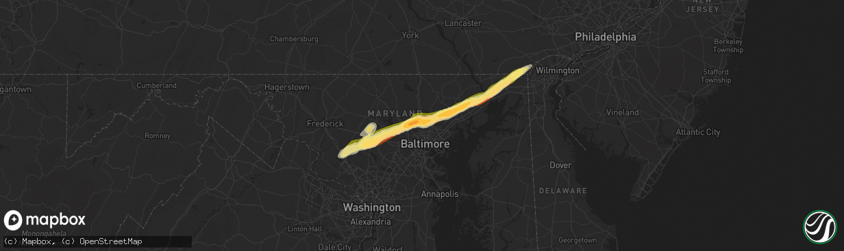 Hail map in Towson, MD on May 3, 2025