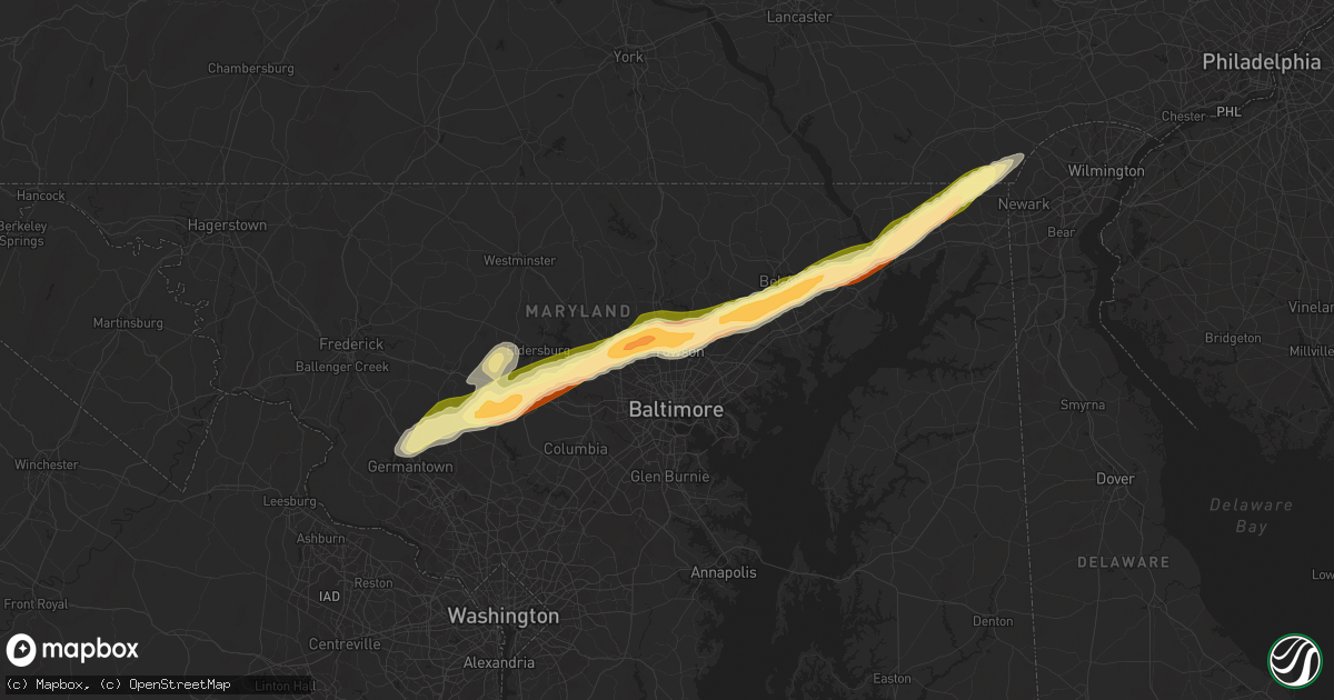 Hail map in Towson, MD on May 3, 2025