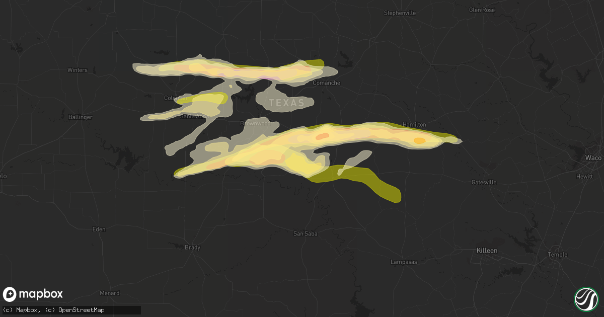 Hail map in Mullin, TX on May 4, 2023