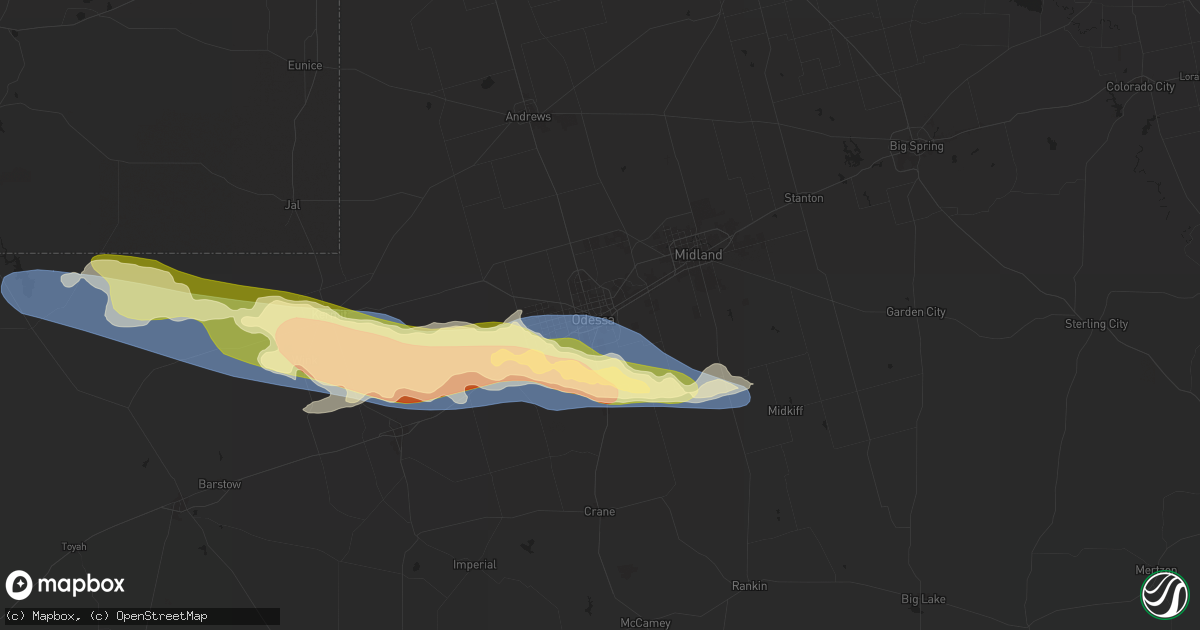 Hail map in Odessa, TX on May 4, 2025