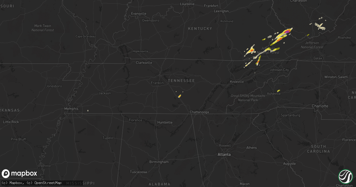 Hail map in Tennessee on May 5, 2018