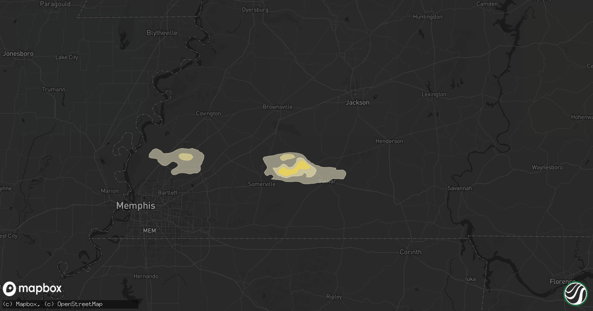 Hail map in Whiteville, TN on May 5, 2026