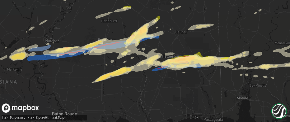 Hail map in Columbia, MS on May 6, 2026