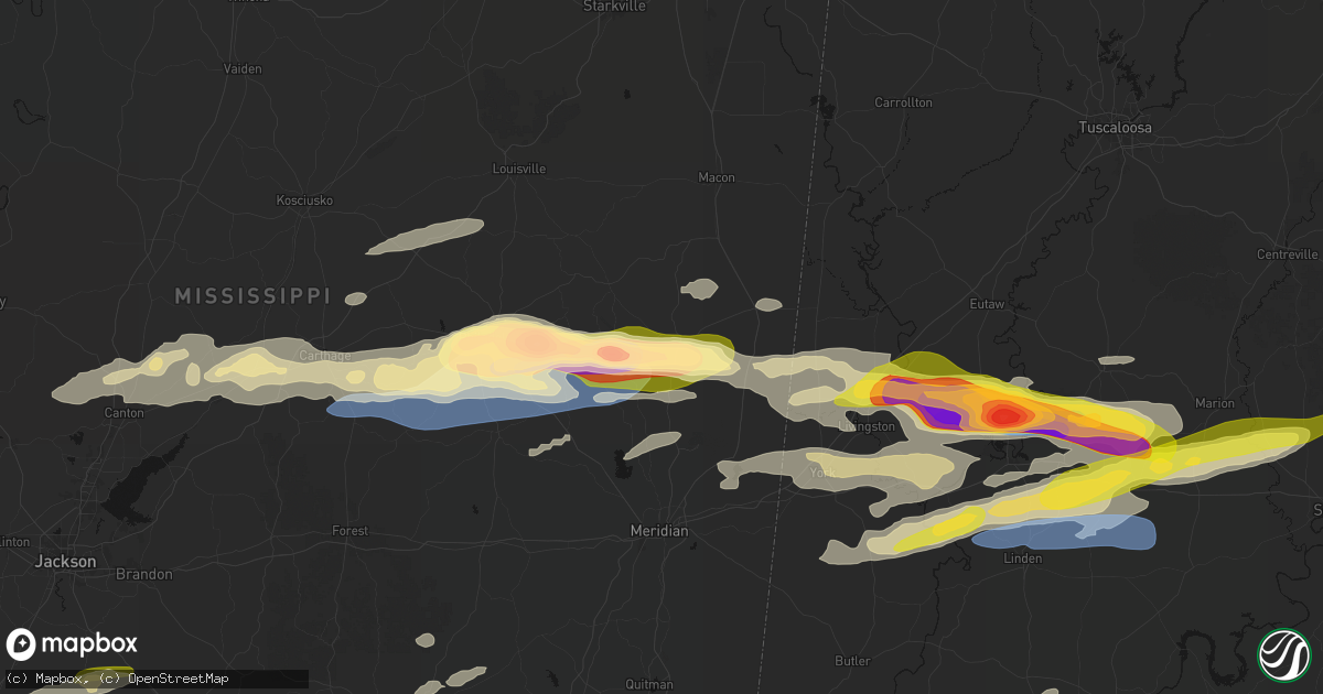 Hail map in De Kalb, MS on May 6, 2026