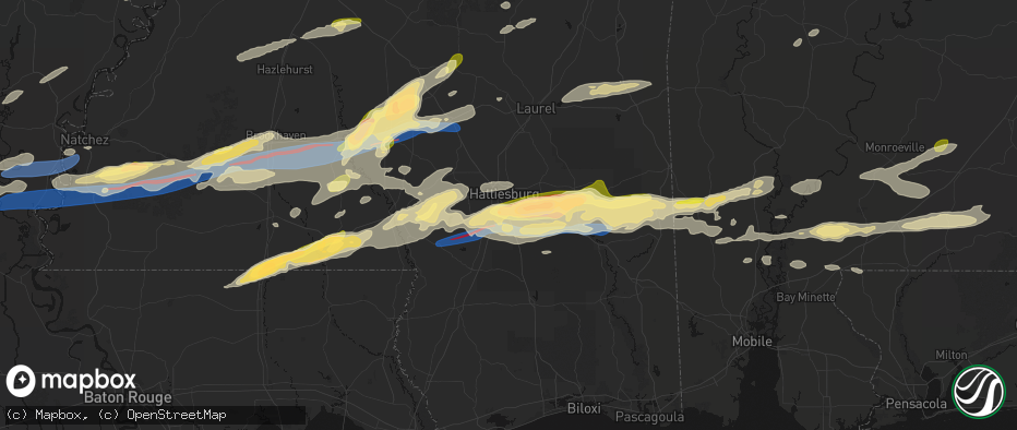 Hail map in Hattiesburg, MS on May 6, 2026