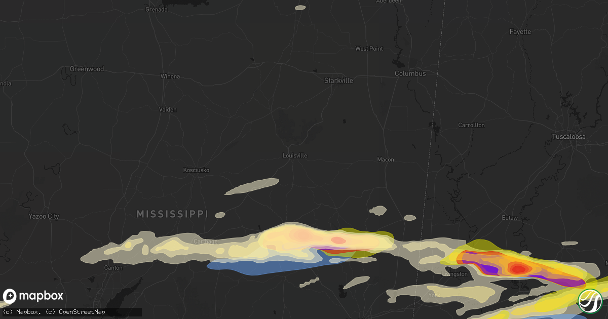 Hail map in Louisville, MS on May 6, 2026