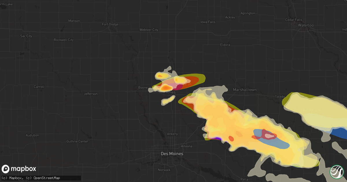 Hail map in Ames, IA on May 7, 2023