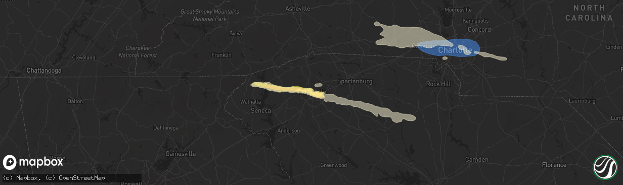 Hail map in Greenville, SC on May 8, 2024