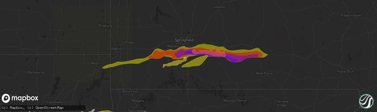 Hail map in Ozark, MO on May 8, 2024