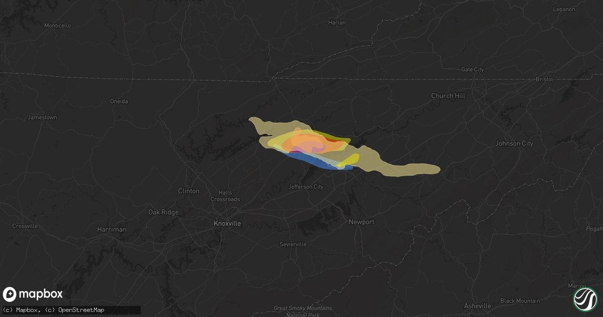 Hail map in Rutledge, TN on May 8, 2024