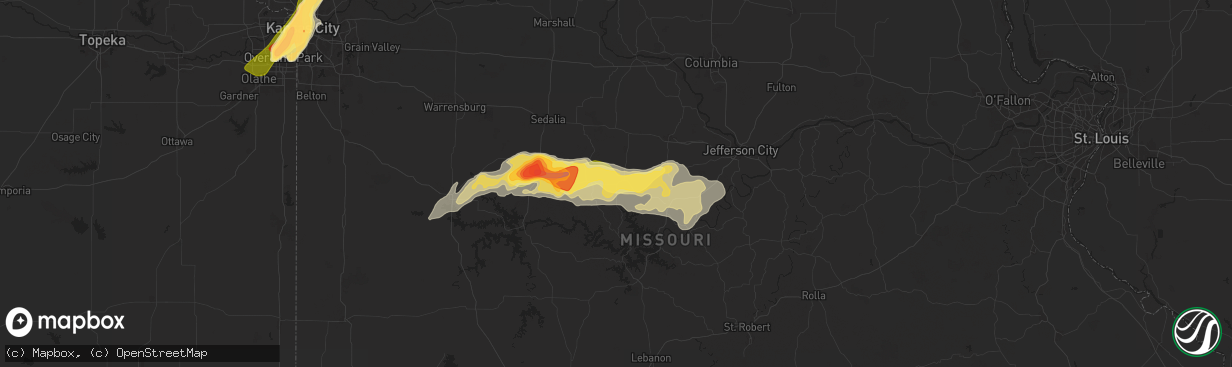 Hail map in Versailles, MO on May 8, 2024