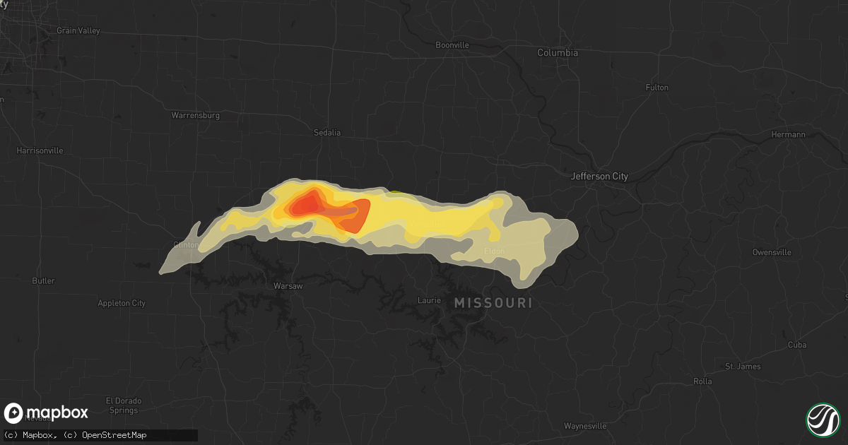 Hail map in Versailles, MO on May 8, 2024