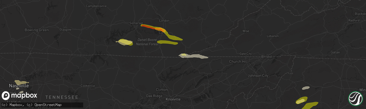 Hail map in Middlesboro, KY on May 8, 2025