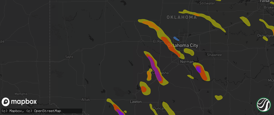 Hail map in Binger, OK on May 8, 2026