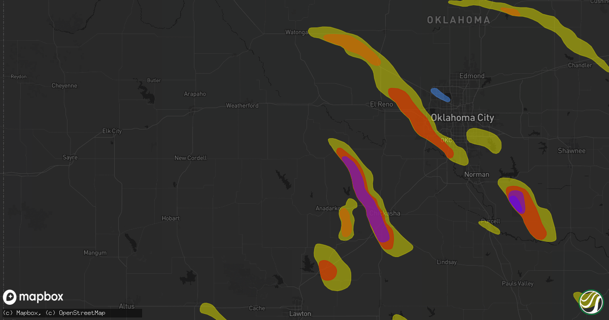 Hail map in Binger, OK on May 8, 2026
