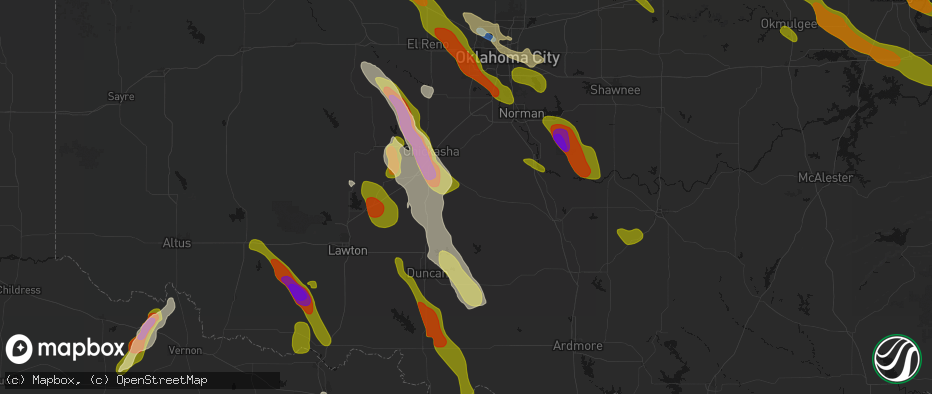 Hail map in Bradley, OK on May 8, 2026