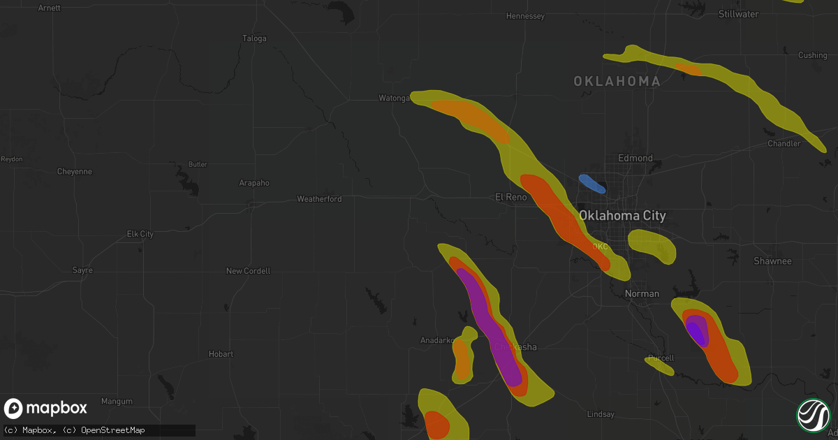 Hail map in Hinton, OK on May 8, 2026