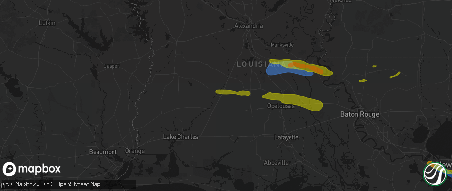 Hail map in Oberlin, LA on May 8, 2026