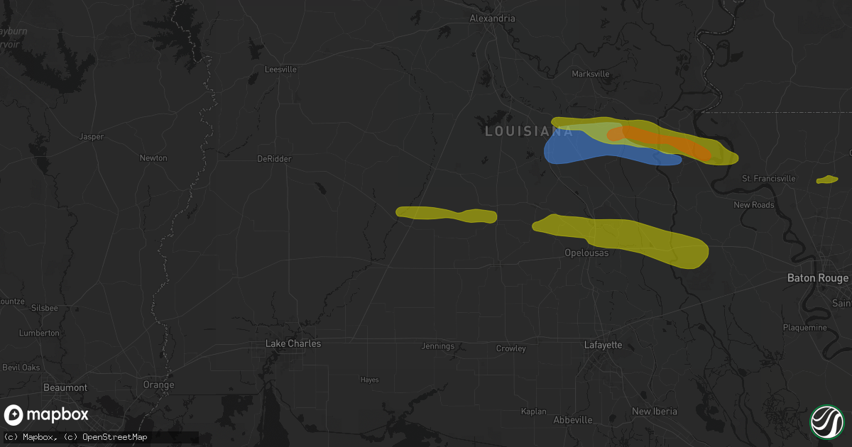 Hail map in Oberlin, LA on May 8, 2026