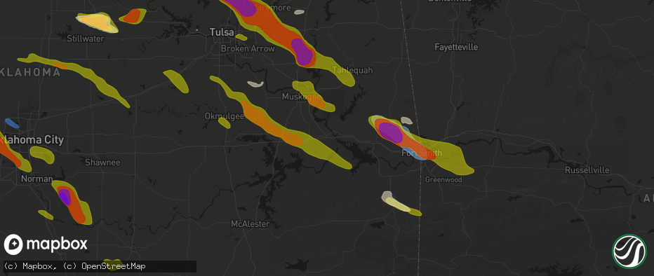 Hail map in Webbers Falls, OK on May 8, 2026