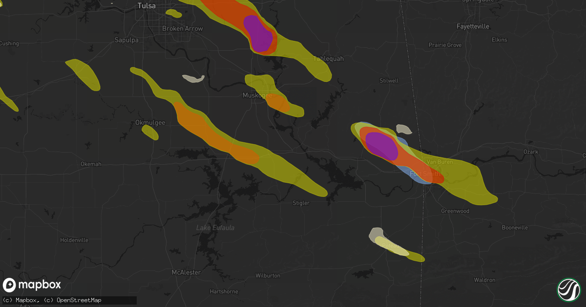 Hail map in Webbers Falls, OK on May 8, 2026