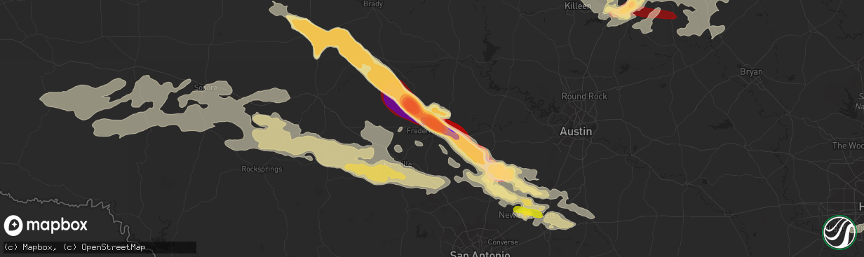 Hail map in Fredericksburg, TX on May 9, 2013