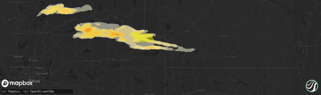 Hail map in Texarkana, TX on May 9, 2016